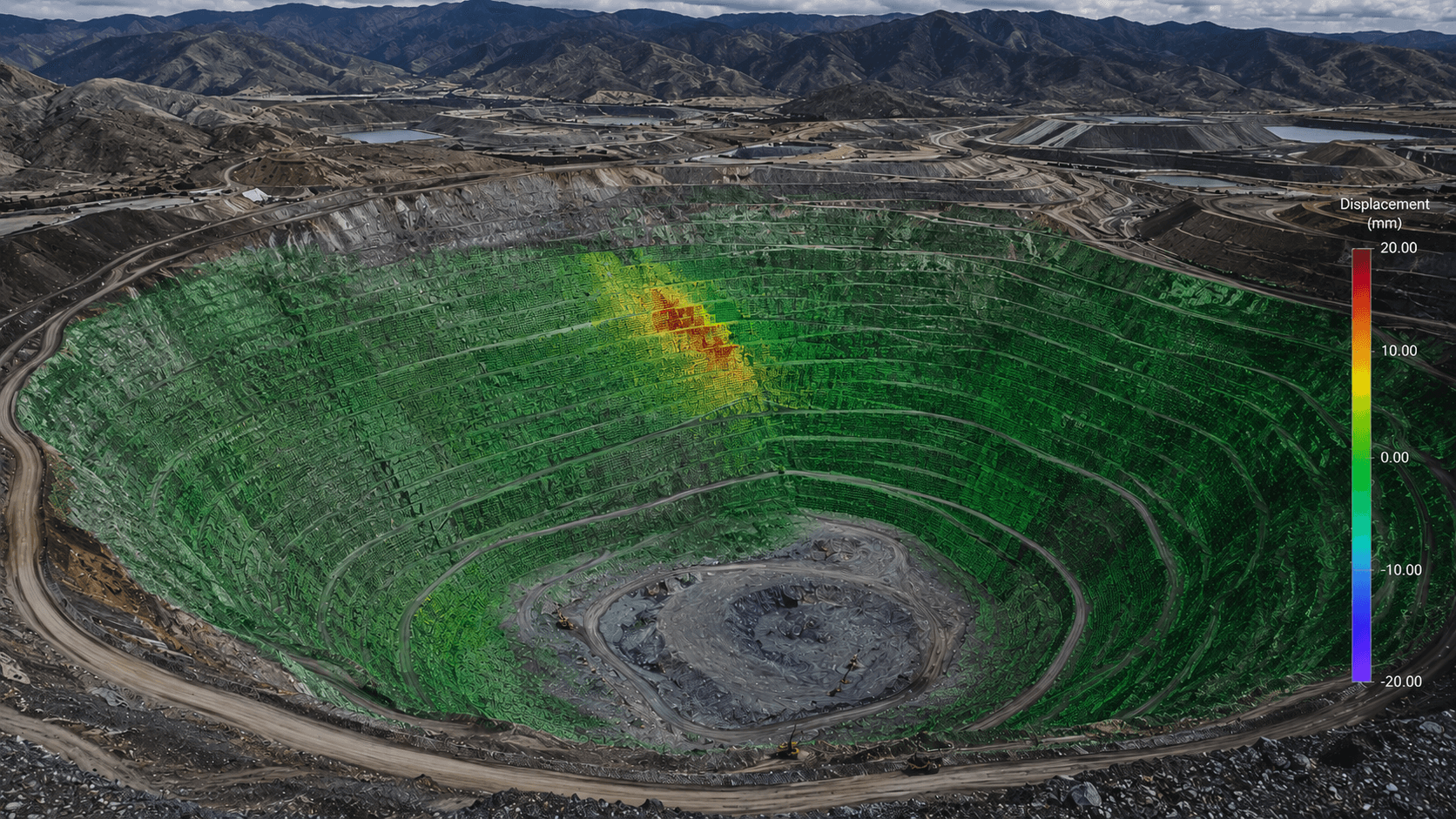 Terraced open-pit mine slope under an overcast sky.