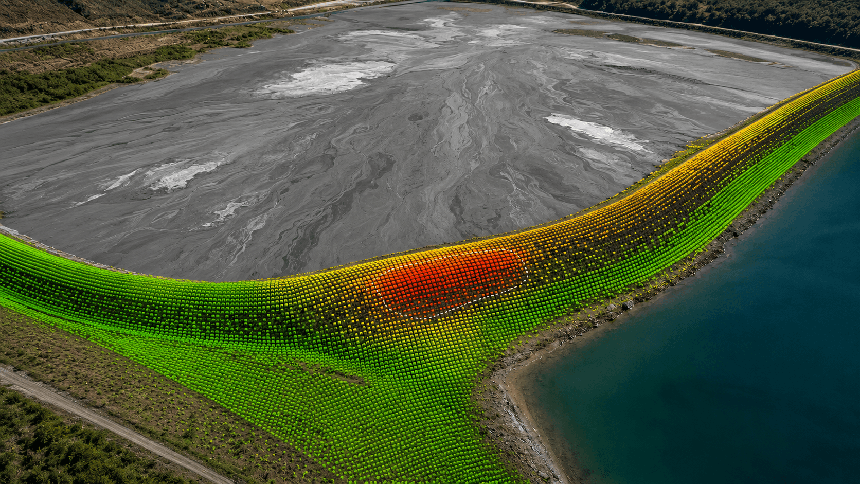 Aerial view of a tailings storage facility embankment and pond.