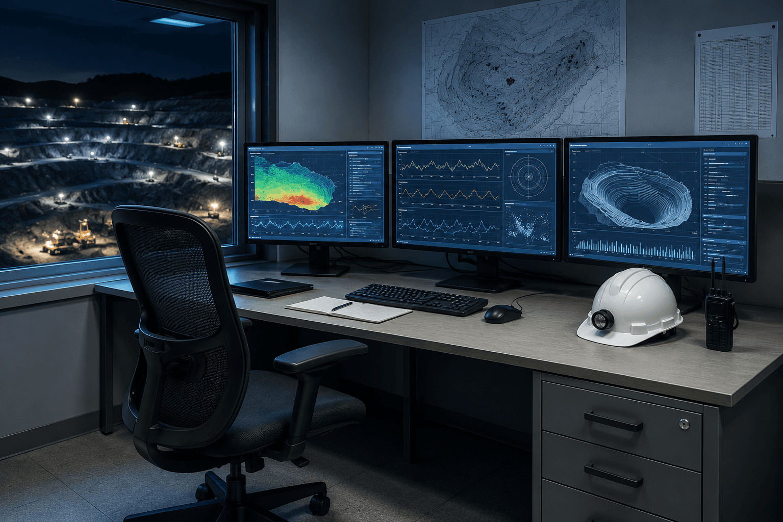 An empty monitoring desk at night, screens showing deformation dashboards above a lit open pit.