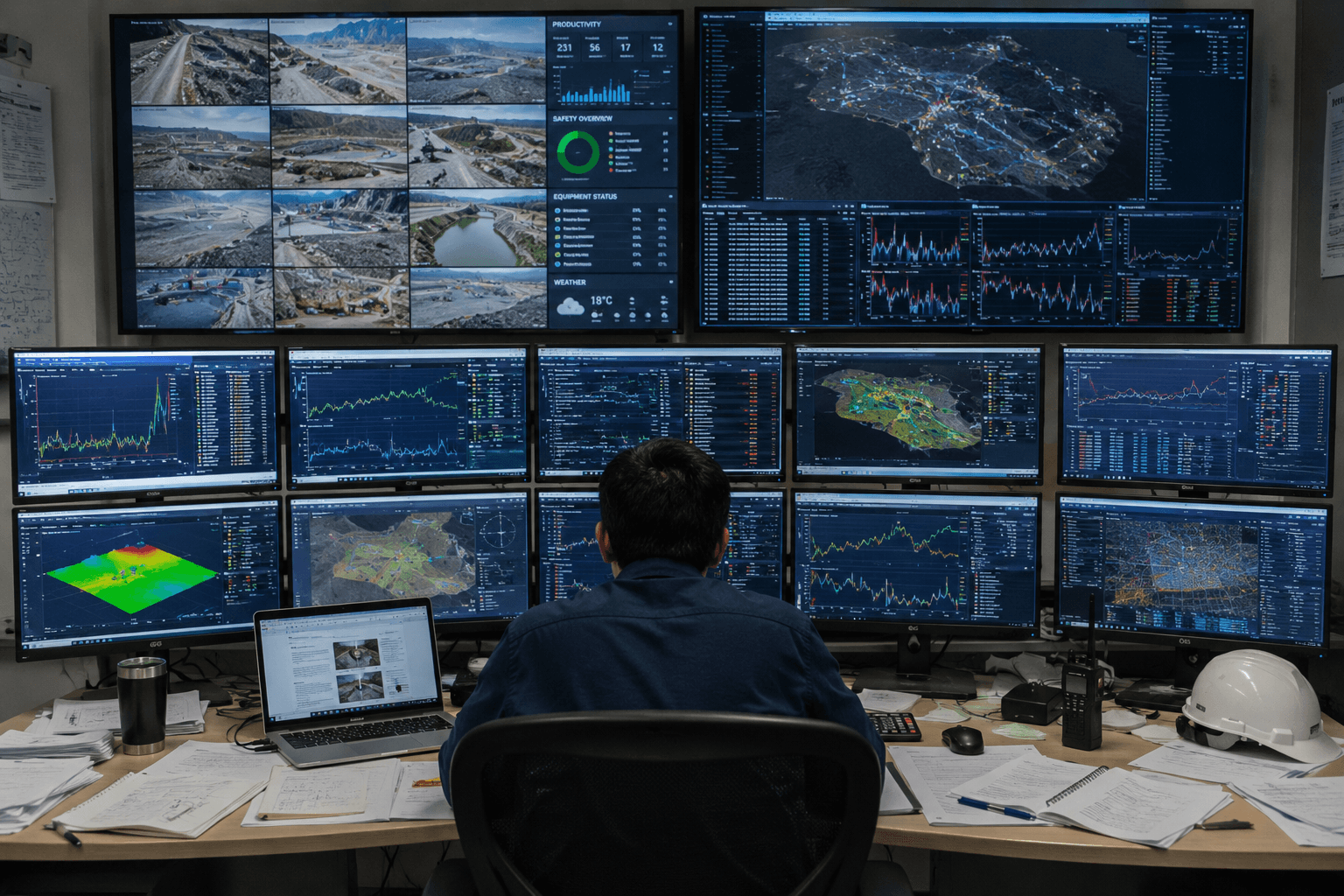 A single engineer dwarfed by a wall of monitoring screens and dashboards.