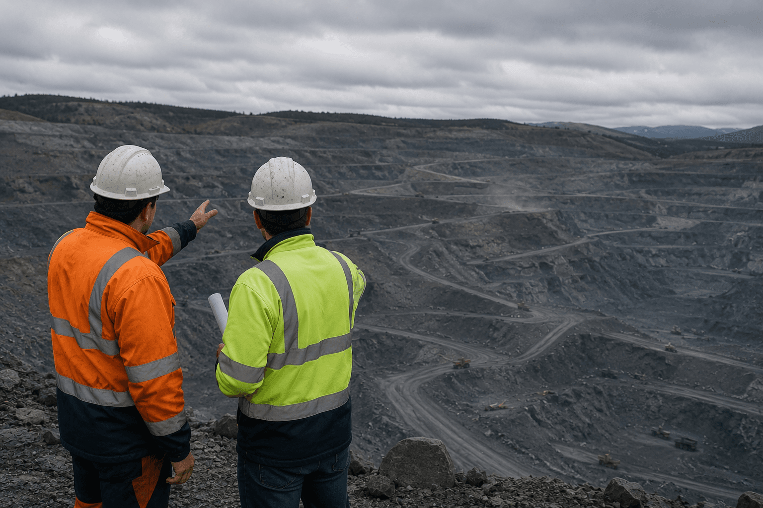 Two workers in different hi-vis discussing a plan while overlooking an open pit.