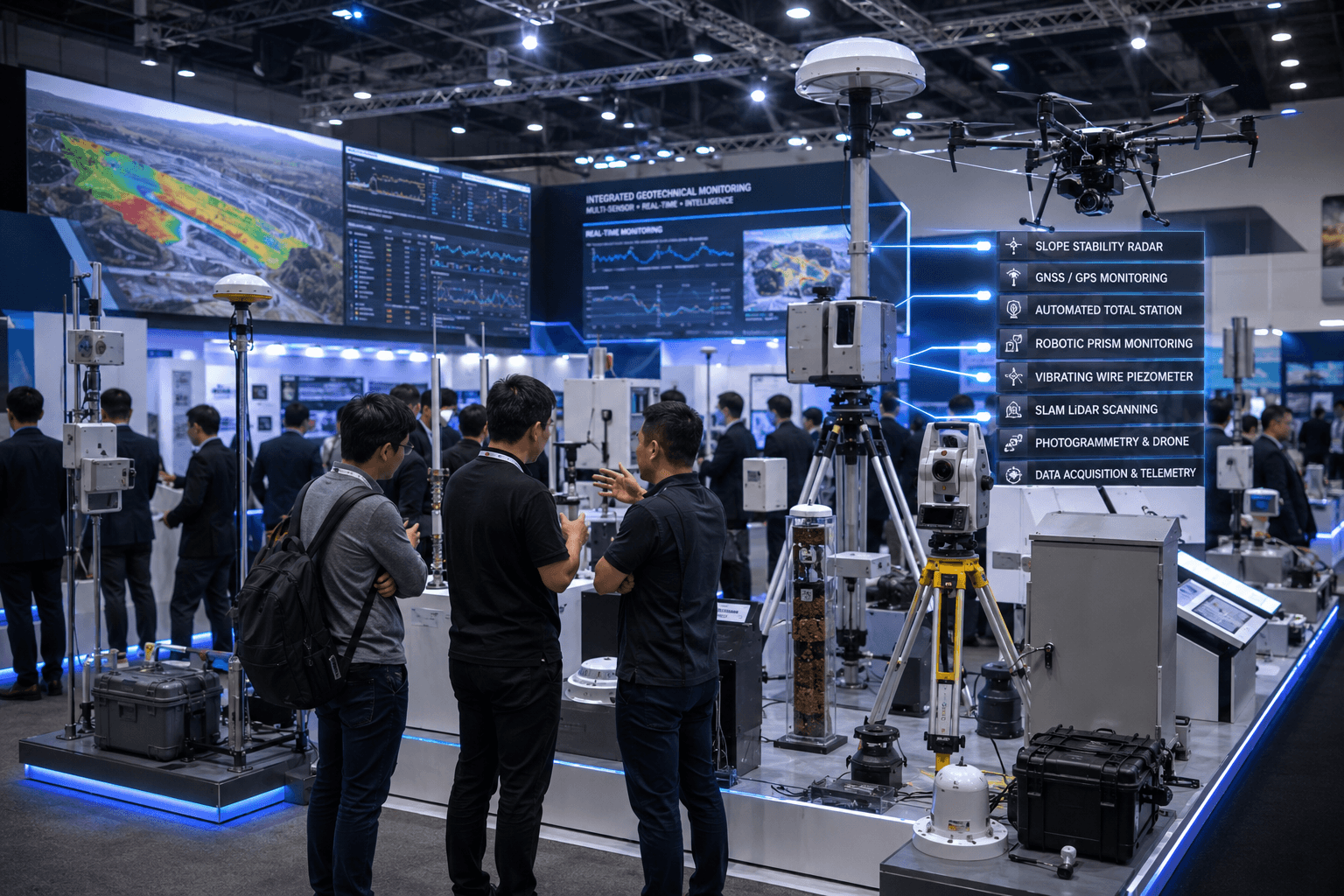 A geotechnical monitoring trade-show floor with competing sensor systems on display.