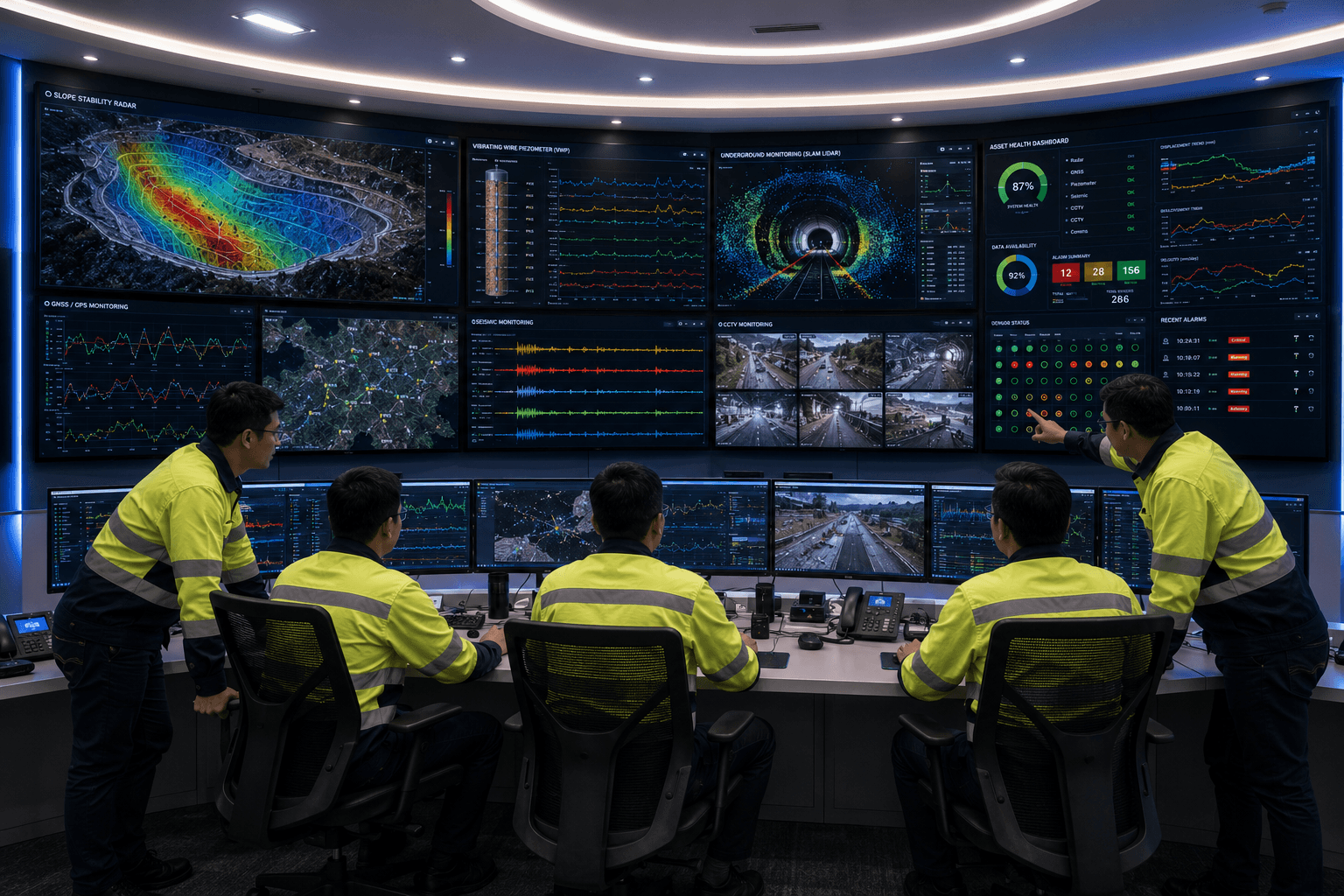 A monitoring control room where a team reviews deformation dashboards together.