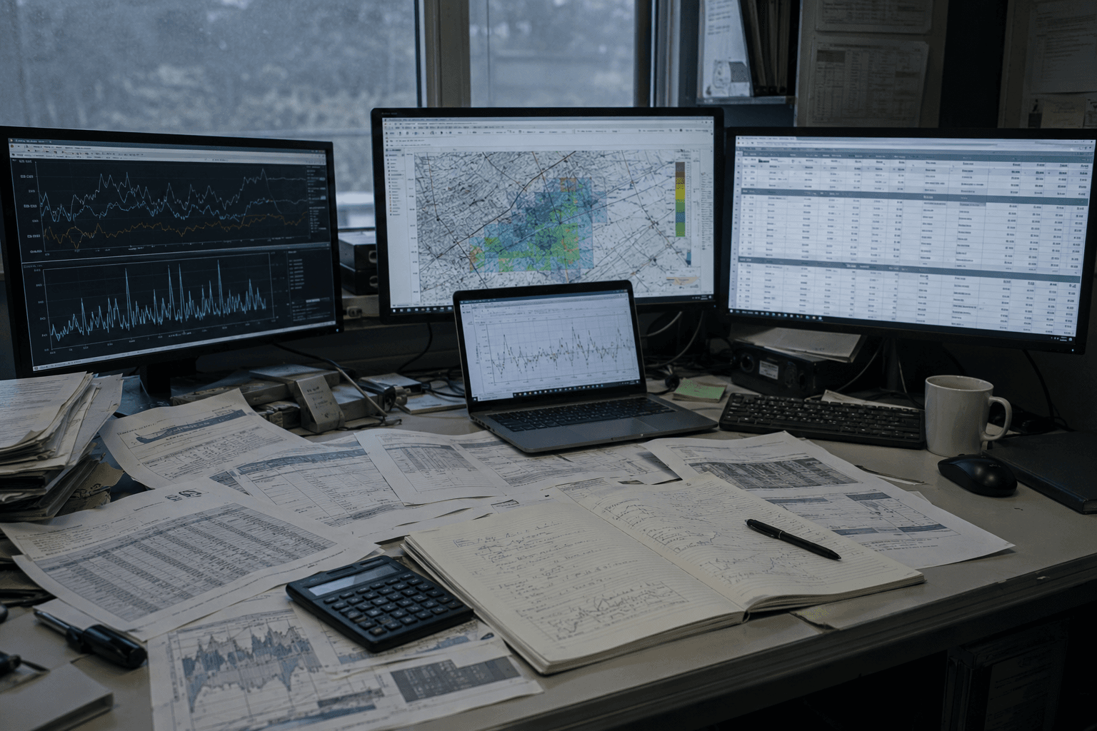 A cluttered desk of disconnected tools — scattered printouts, spreadsheets and separate monitoring windows.